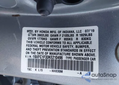 2019 Honda Civic Ex from USA, damaged, VIN 19XFC1F33KE210496